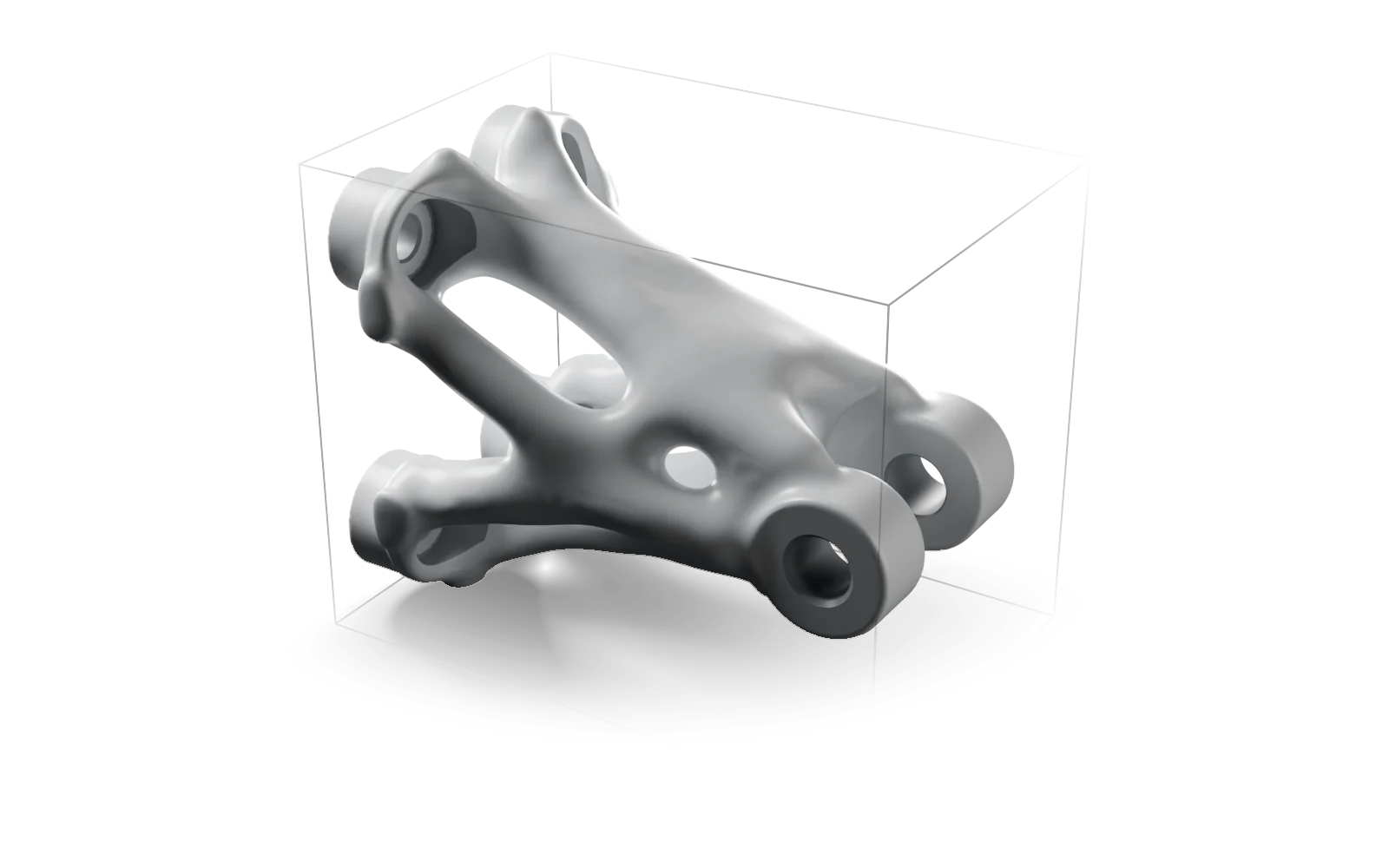 Illustration: a bracket grown by 3D topology optimization, from four bolt pads to the pair of lugs where the load lands.