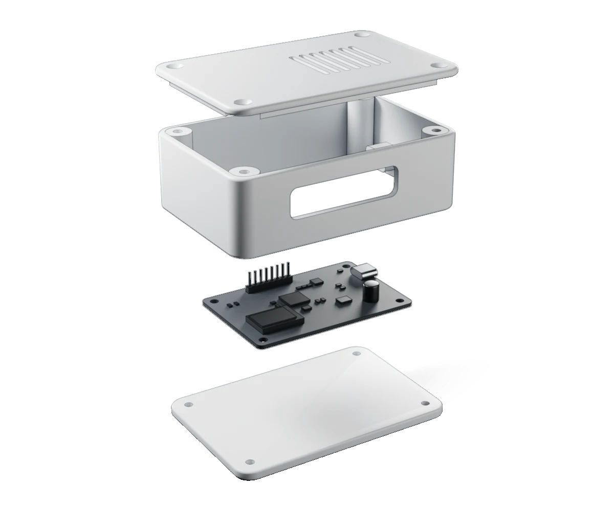 Illustration: a small product drawn apart: a printed base, housing and lid around a bought circuit board.