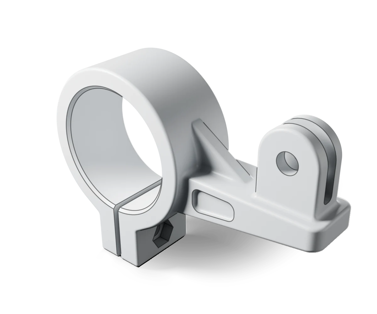 Illustration: a camera mount for bike bars as a CAD solid, with a split clamp and a hex pocket for its bolt's nut, a ribbed and pocketed arm, and a two-prong fork for the camera.