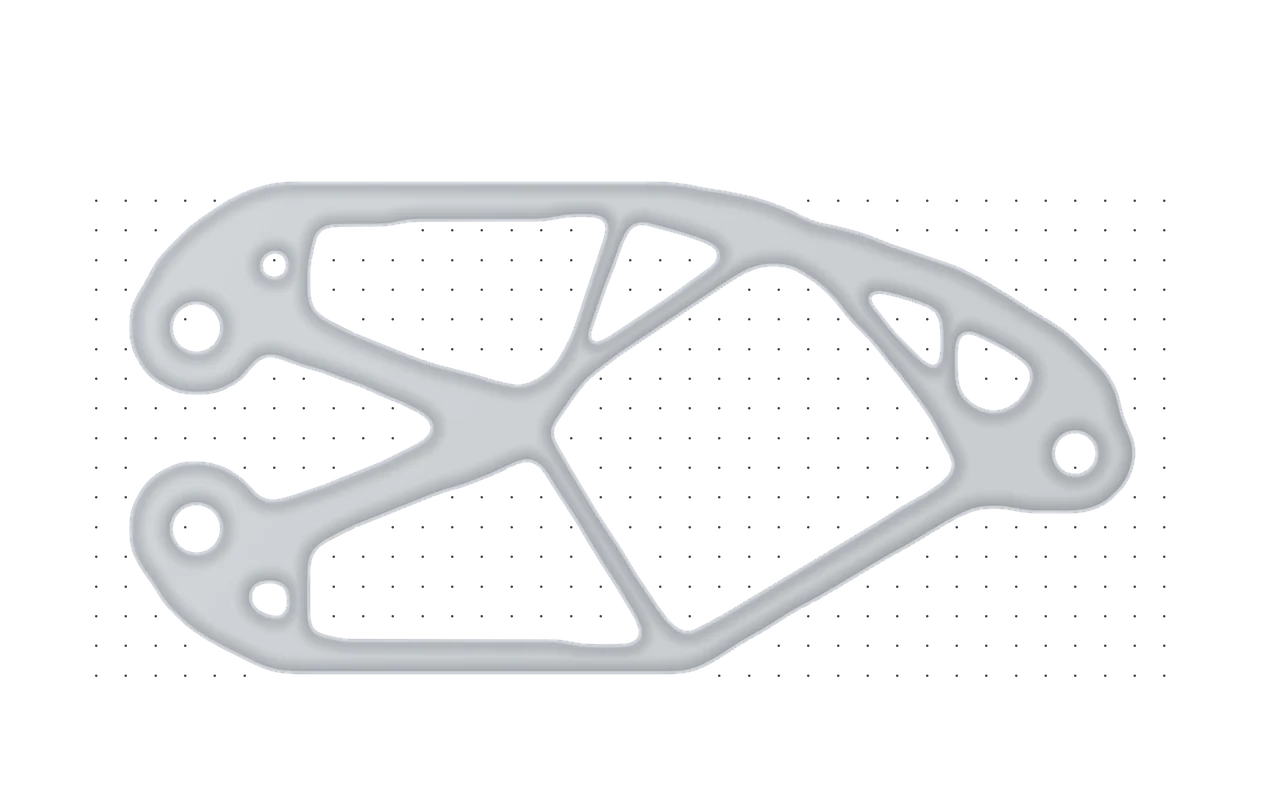 Illustration: a camera mount grown by topology optimization inside its design space, between two bolt holes and the point where the load lands.
