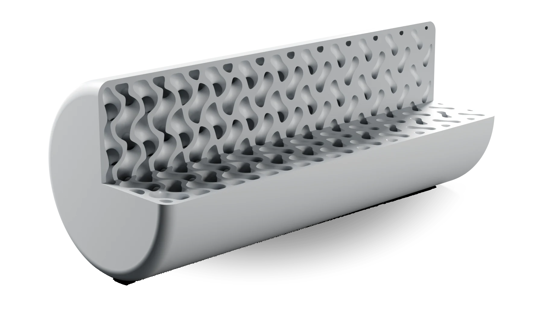 Illustration: a low view along the cut faces of a cylinder cut open lengthwise: a sealed skin around a lattice core that turns from open at the near end to dense at the far end, where the load is shown.