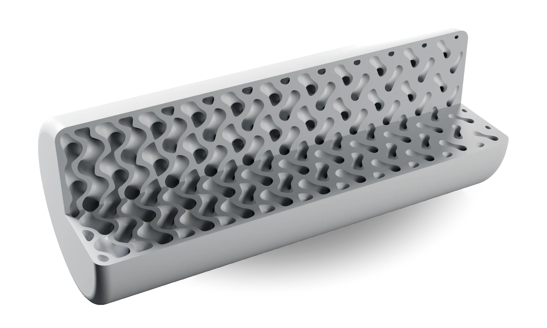 Illustration: a cylinder with a quarter cut away along its length, showing a sealed outer skin wrapped around a lattice core that is open at one end and dense at the other, where the load is shown.