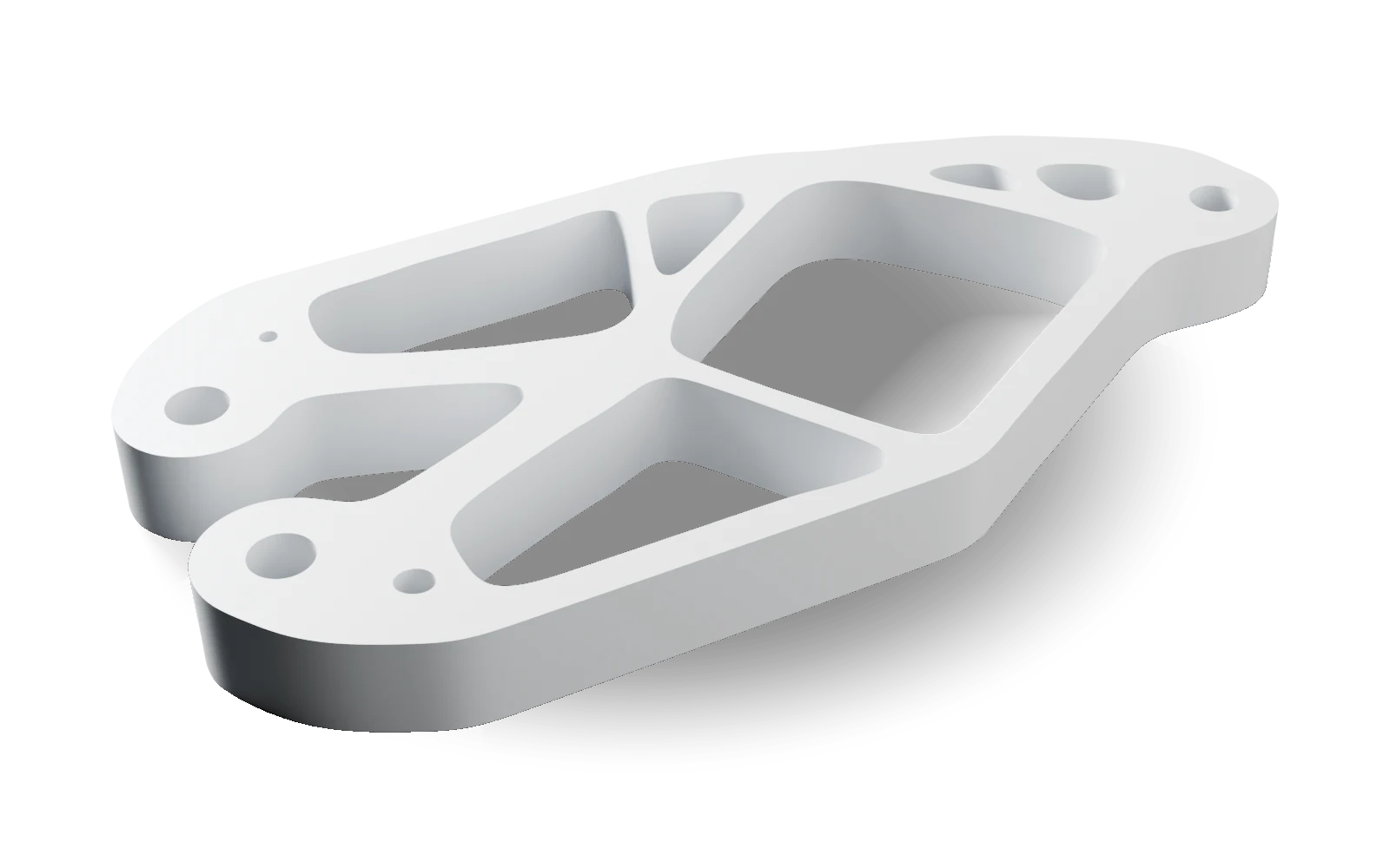 Illustration: the camera mount grown by topology optimization, shown as a plain shaded mesh.