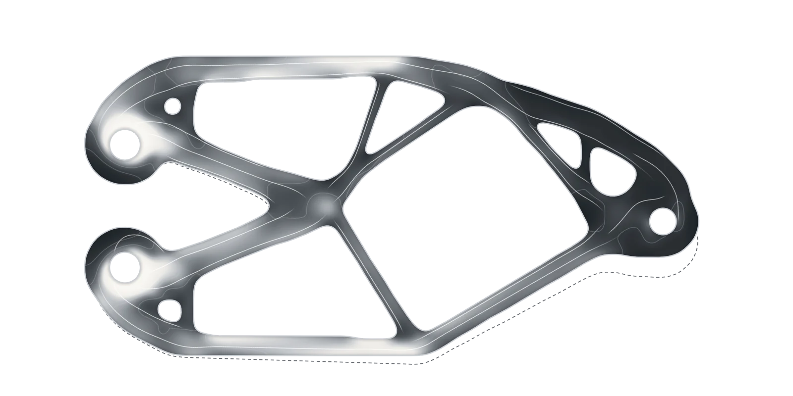 Illustration: the camera mount checked under load, shaded from low to high stress, with fine lines following the force and its bent shape dashed.