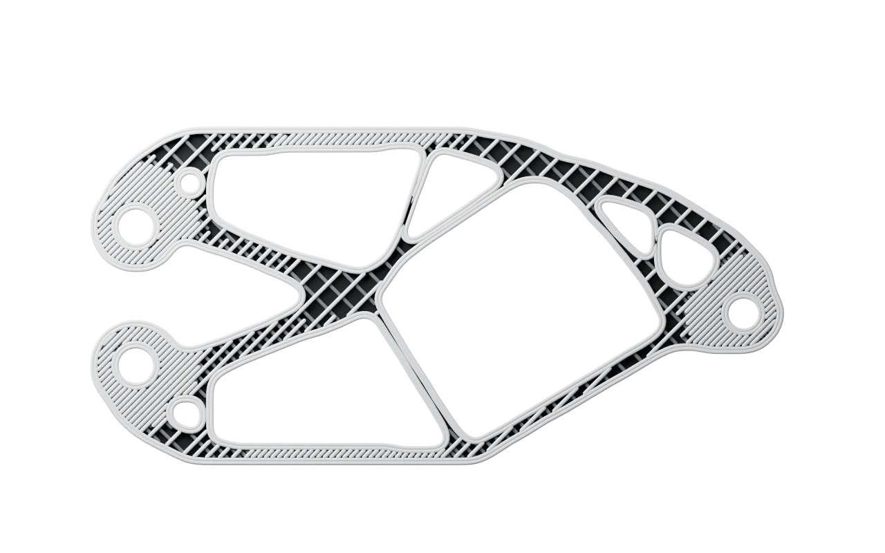 Illustration: the same mount sliced for printing, seen from above: rounded beads of plastic laid as two walls around infill that is packed tight at the bolt holes and where the load runs, and an open crisscross grid elsewhere.